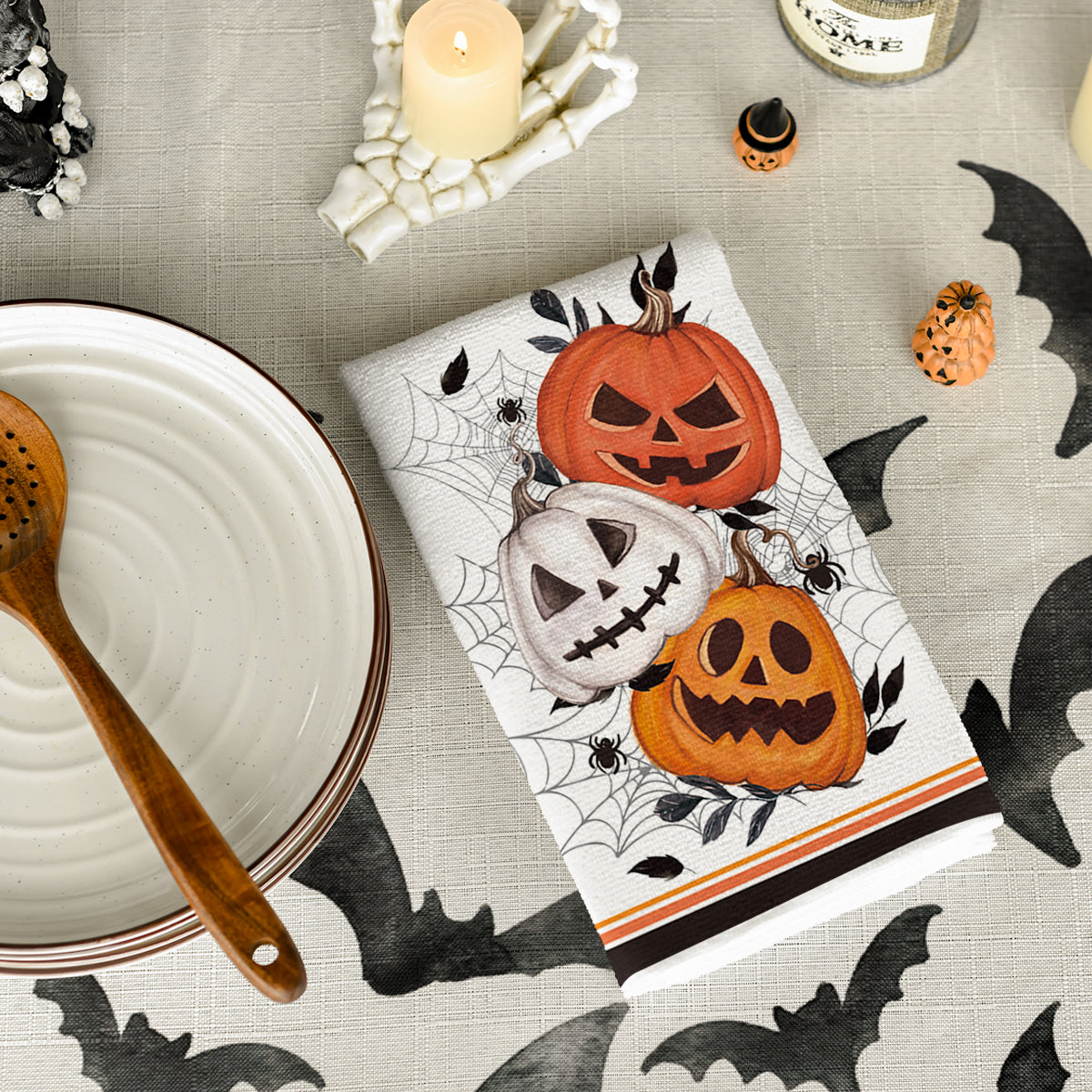 Sm:)e Spider Web Jack-O'-Lantern Pumpkin Cat Happy Halloween Kitchen Towels Dish Towels 18x26 Inch Set of 2
