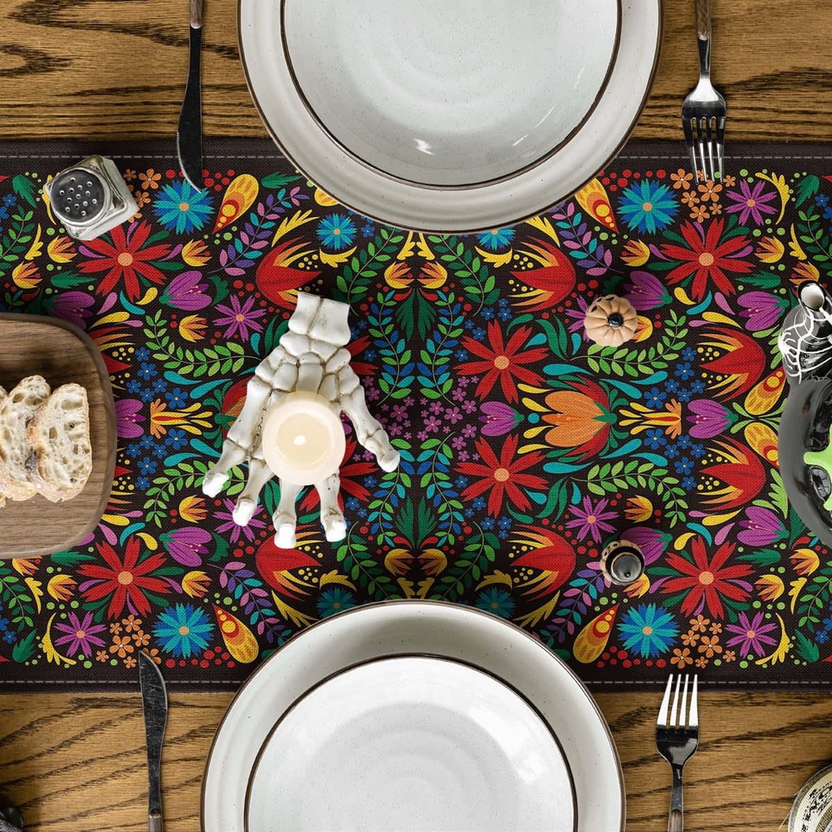 Sm:)e 13"x72" Black Floral Dia De Los Muertos Serape Table Runner, Polyester, Mexican Fiesta Design, Party Kitchen Dining Decoration