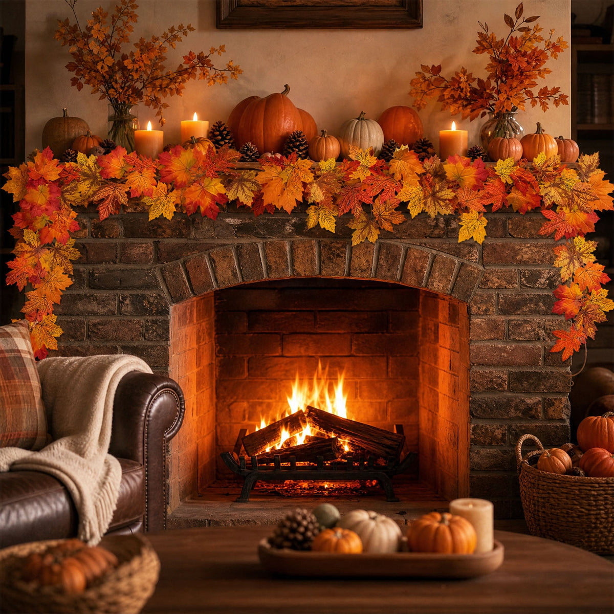 WKSCLPAI Halloween Maple Leaf Garland, Fall Vine Wreaths for Autumn Festivities Decor,Seasonal Garlands for Home,Halloween & Fall Decorations