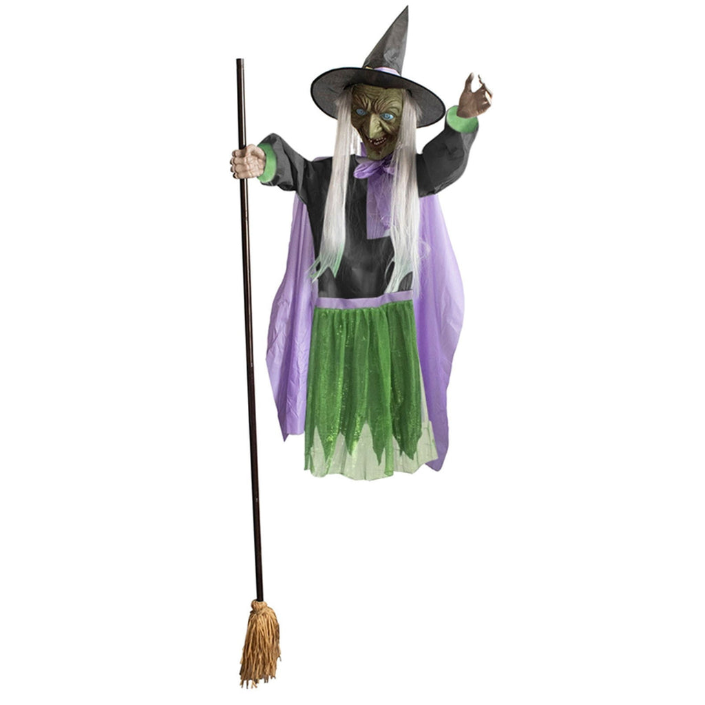 6FT Animated Flying Witch Decoration with Lights and Sounds Green 1pc