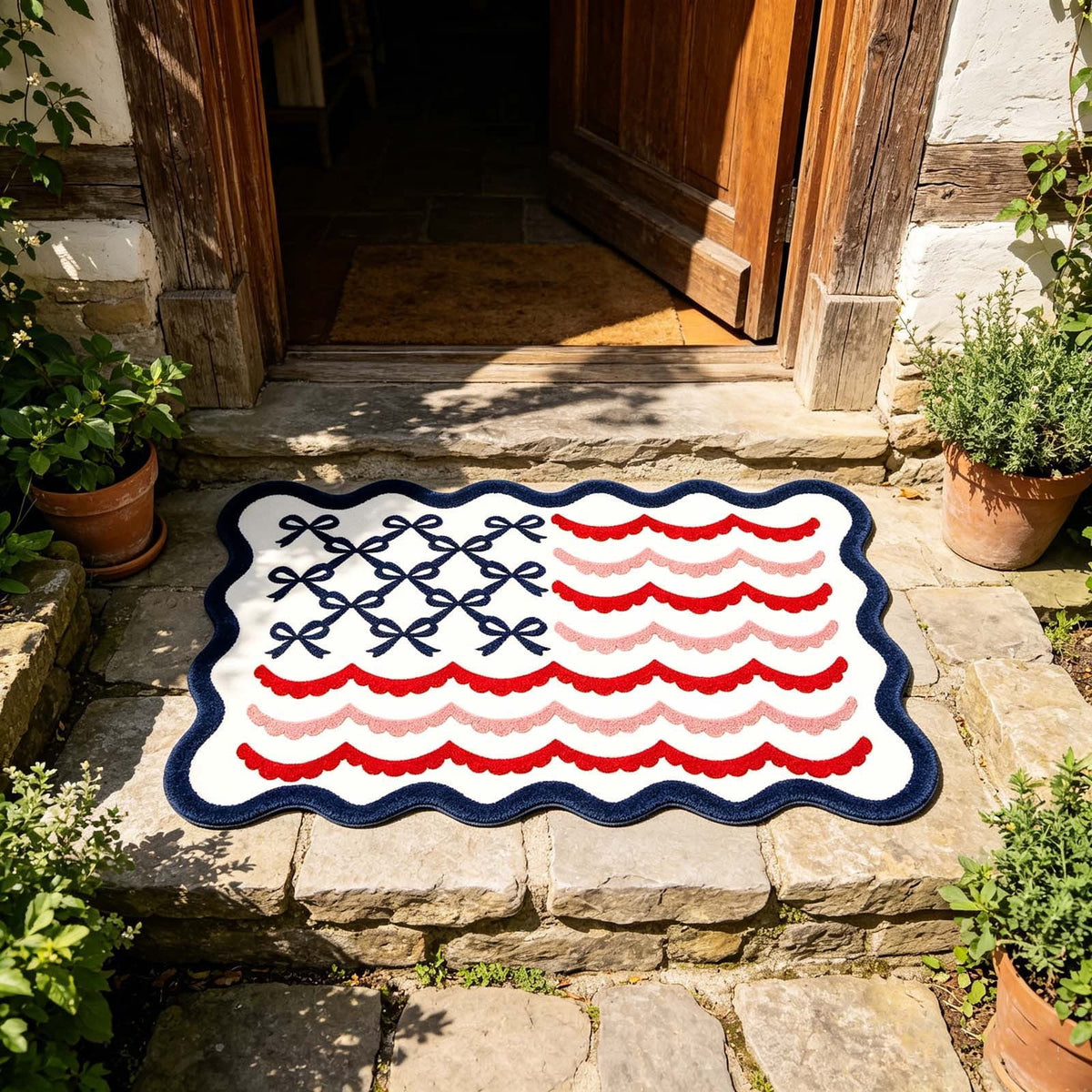 Patriotic Door Mat 4th of July Bow Flag Floor Doormats Independence Day Star Welcome Non Slip Mats for Front Porch Decor 16*24in Black