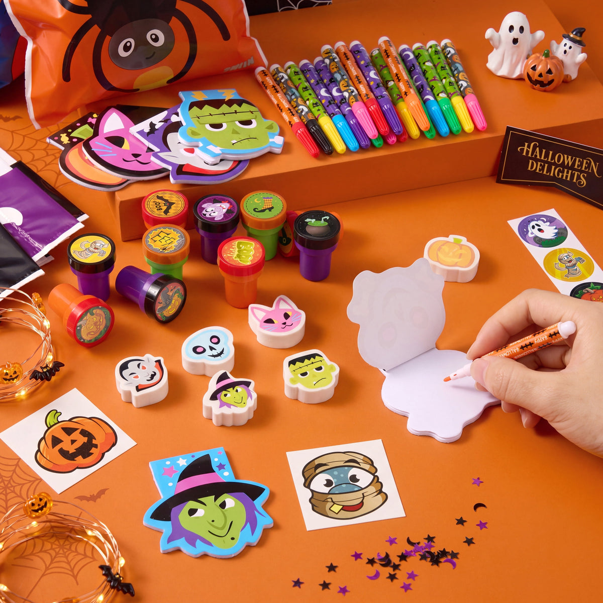 Joyfy 192 Pcs Halloween Stationery Set, Halloween Markers Rulers Stickers Erasers Stamps Notebooks Bags Party Favors,Halloween Trick or Treat Bags,Halloween Gifts for Kids,Classroom Favors