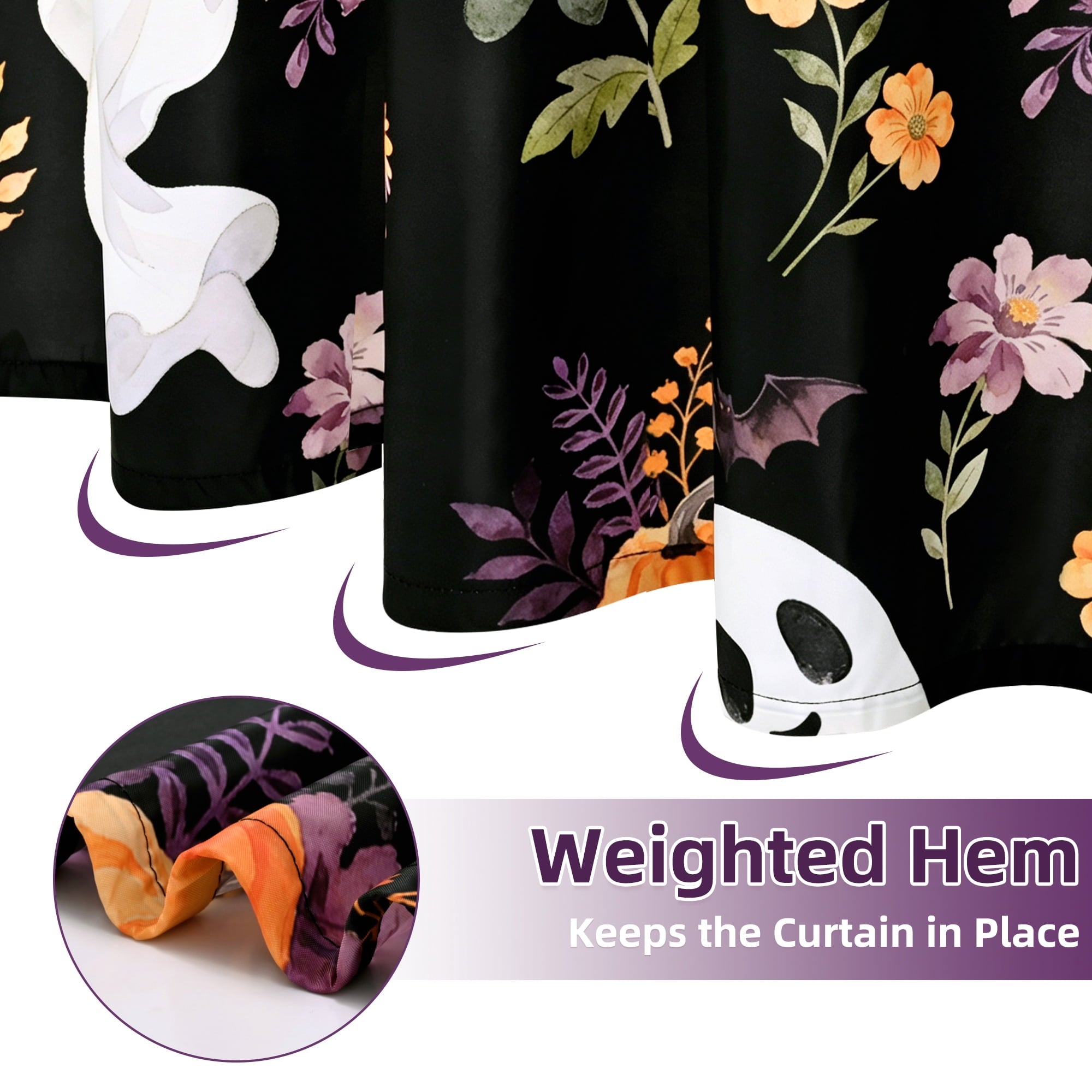 FRAMICS Halloween Shower Curtain Sets with Rugs, 16 Pc Pumpkin Spooky Ghost Bathroom Sets, Black Waterproof Fabric Shower Curtain with 12 Hooks and Toilet Rugs