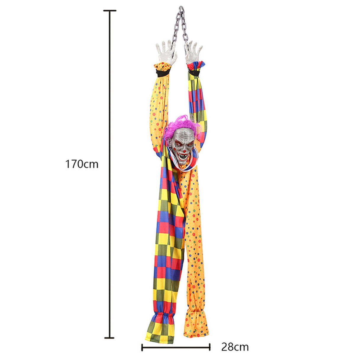 5.6 Ft Halloween Hanging Animated Talking Shaking Scary Clown with Chain Light Up Red Eyes Sound Touch Activated