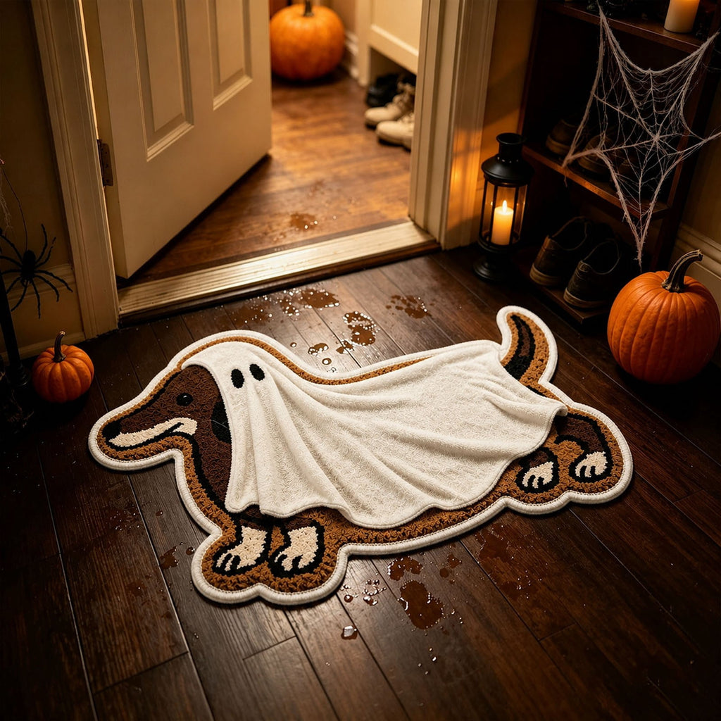 Clearance! Halloween Dachshund Ghost Doormat, Special-Shaped Floor Mat, Faux Wool Absorbent Entry Rug, Funny Cute Dog Silhouette Welcome Mat for Front Yard Doorway Indoor Outdoor, 23.62*15.75"