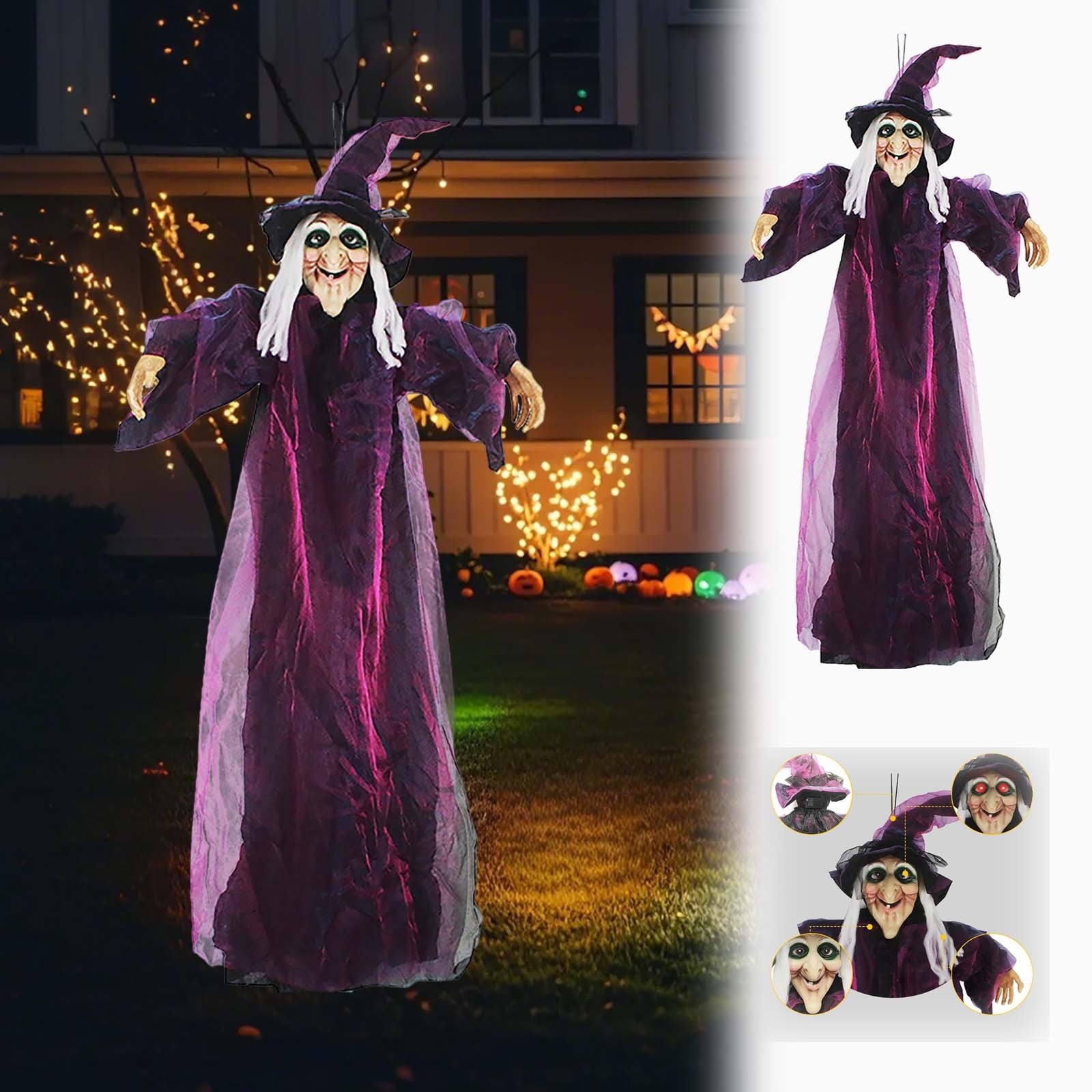 EWSFHUI 71" Life Size Hanging Talking Witch, Sound Activation and Red Eye Animated Witch Indoor Outdoor Halloween Decoration, Decor Prop