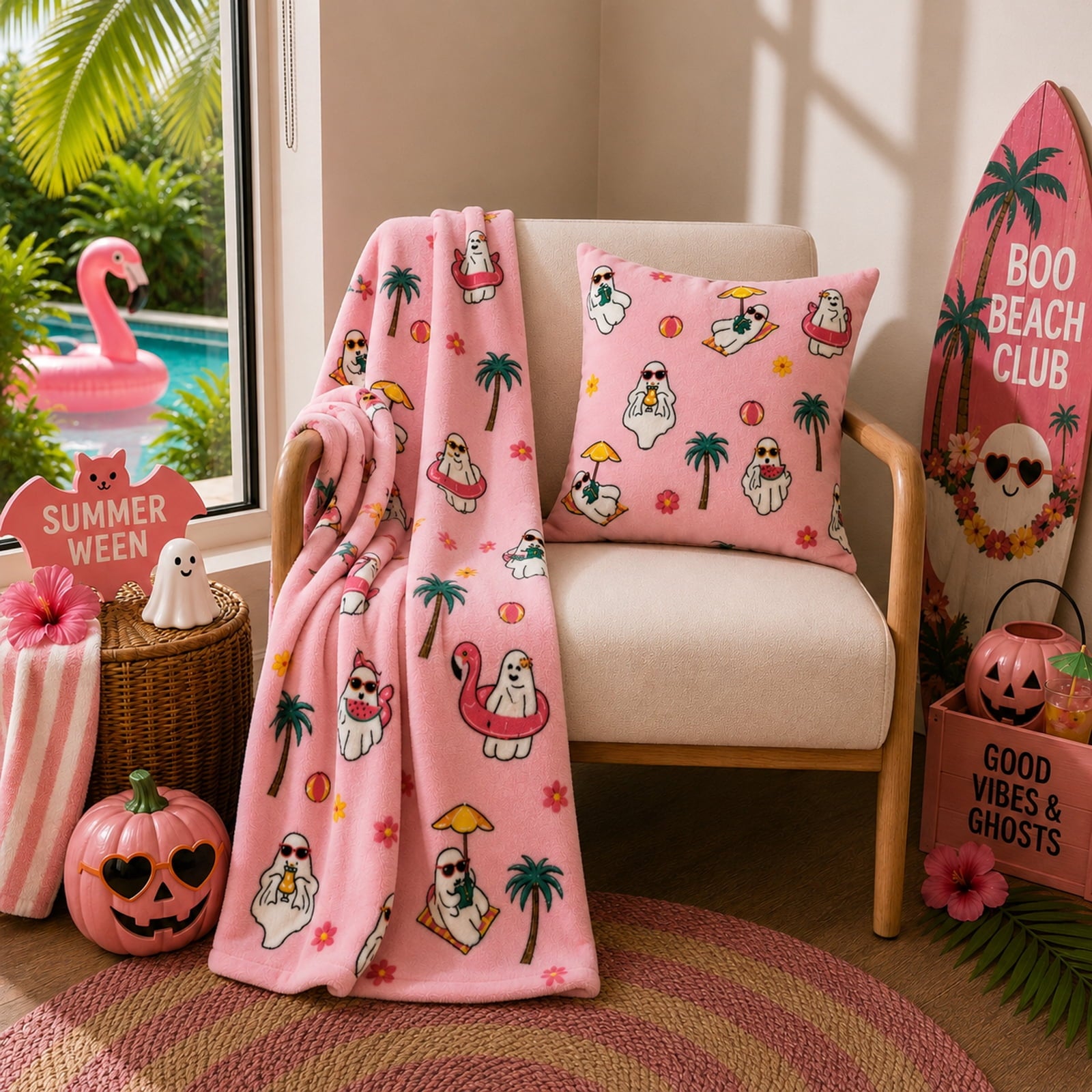 Summerween 18"x18" Plush Decorative Pillow, Vacation Ghosts