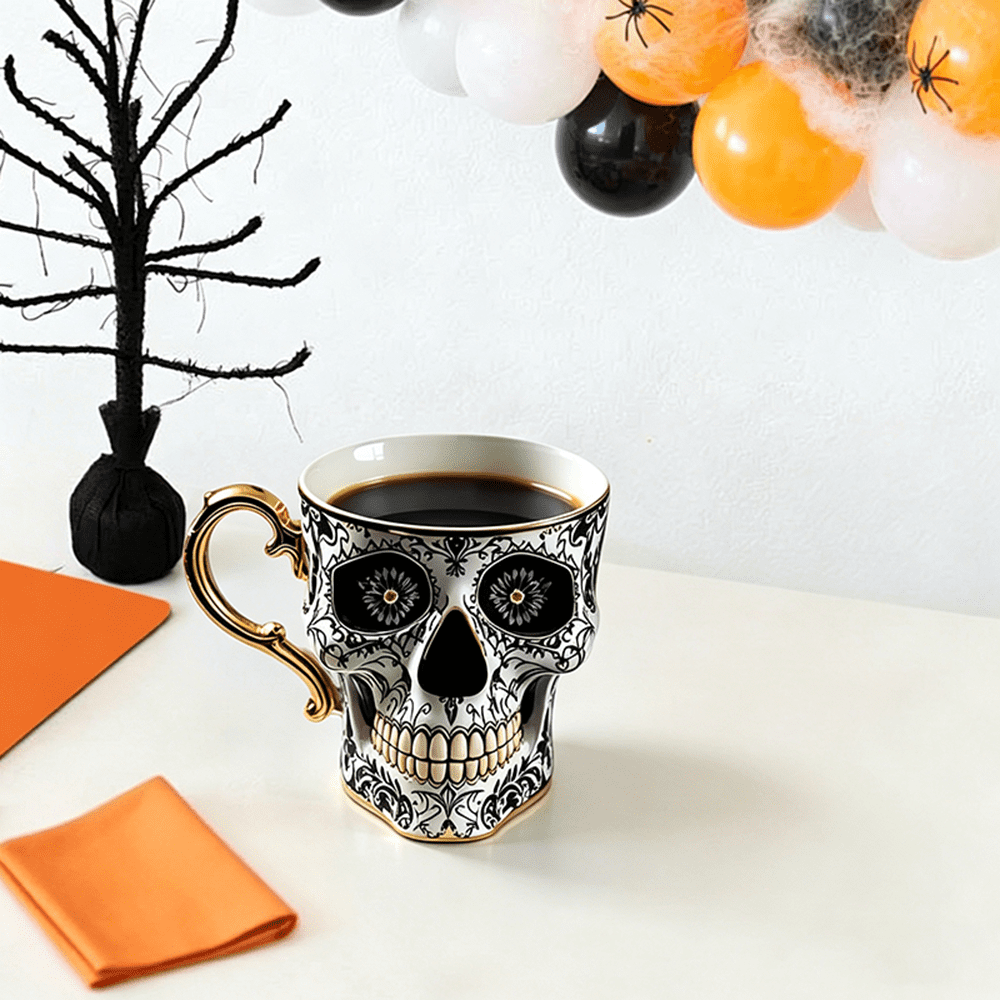 Skull Coffee Mug,Sparkly Skull Coffee Mug Gothic Tea Cups ,Skull Coffee Cup,Gothic Porcelain Tea Cup With Gold Trim, Skullcoffee Mug Halloween Gifts, Great For Coffee Lovers Unique Gift