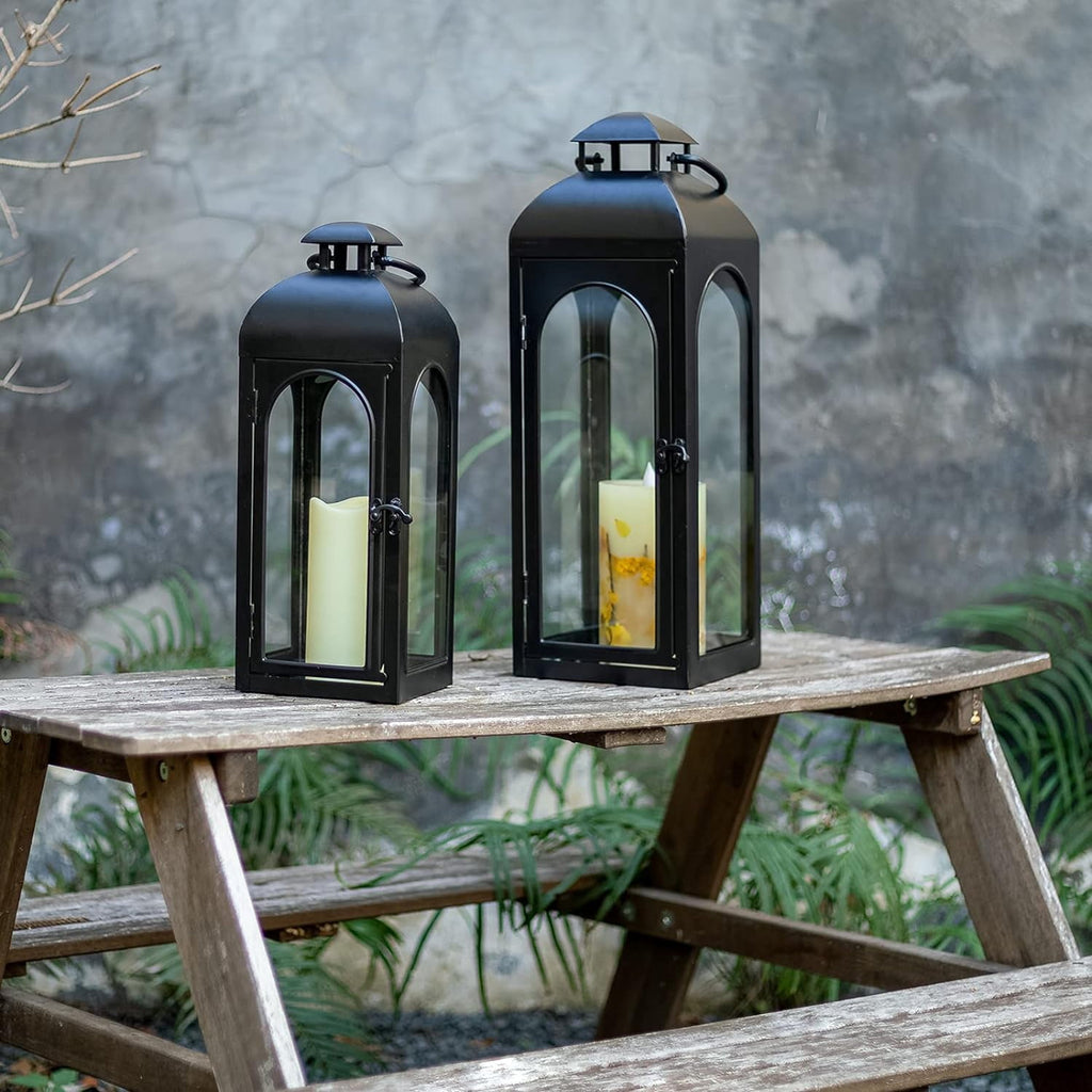 16 Inch Black Hurricane Lantern With Clear Glass Panels For Garden Living Room Indoor Outdoor Parties Weddings Balcony