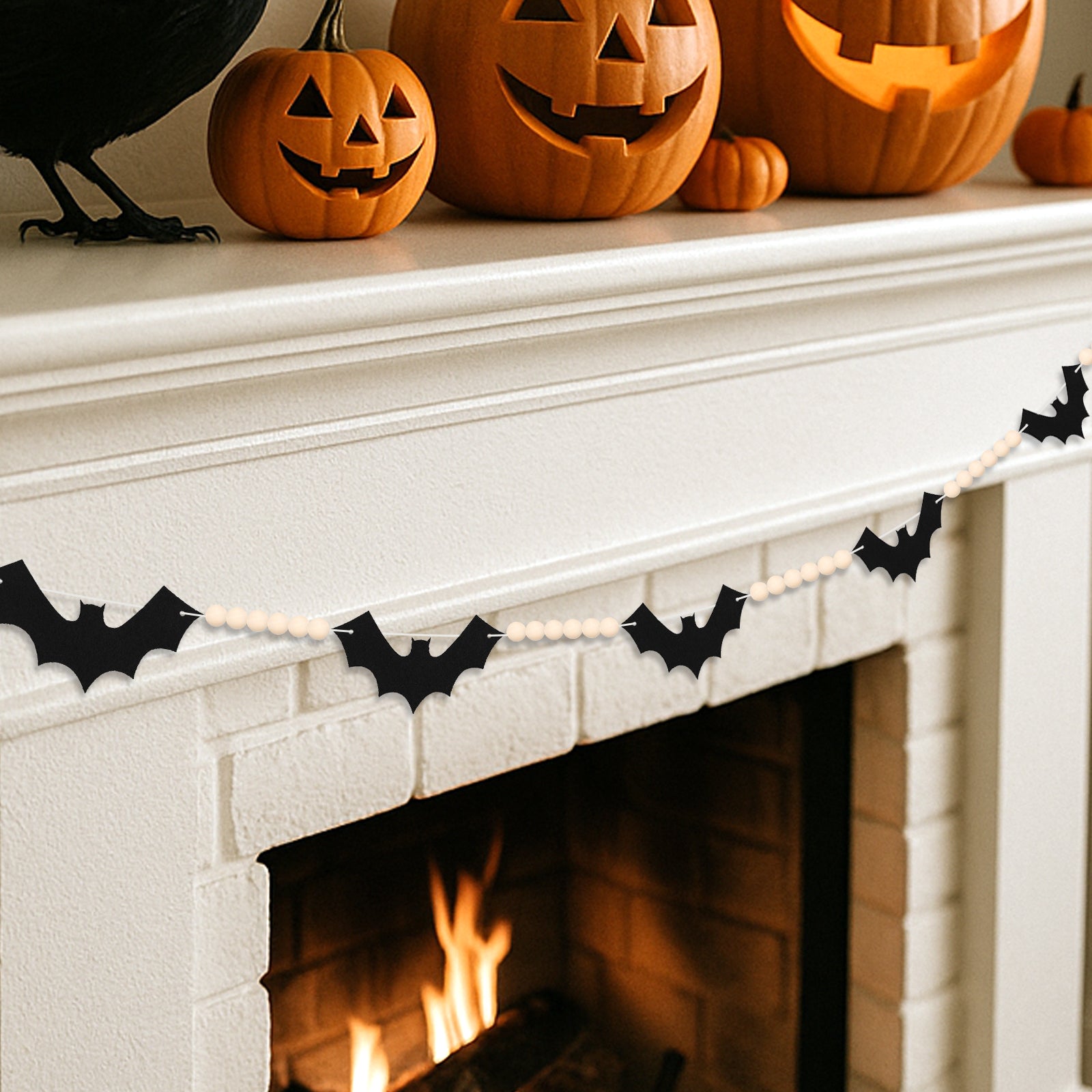 YIBAGA Halloween Garland Banner 4.67Ft Wool Felt Bats Bead Decoration Indoor Decor Party Supplies