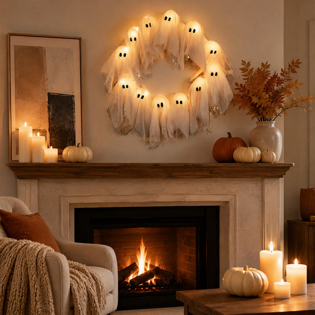 Halloween Glowing Ghost Wreath, Light-up Spooky Wreath with 12 Ghost Decor, RC, 6H Timer, Ideal for Halloween Party (A 12x3inch)
