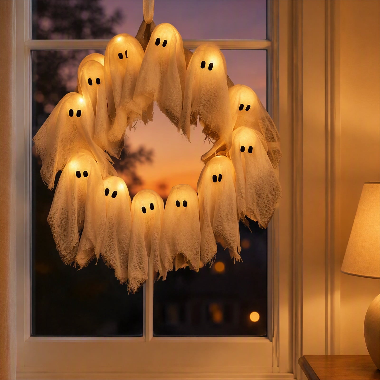 Halloween Glowing Ghost Wreath, Light-up Spooky Wreath with 12 Ghost Decor, RC, 6H Timer, Ideal for Halloween Party (A 12x3inch)