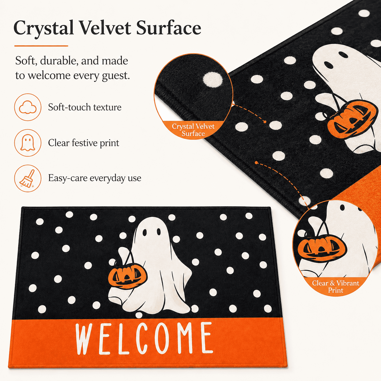 Halloween Ghost Welcome Printed Doormat, Entrance Rug with Skidproof Rubber Backing for Halloween Front Porch Entryway Indoor Outdoor Decor,50x80cm
