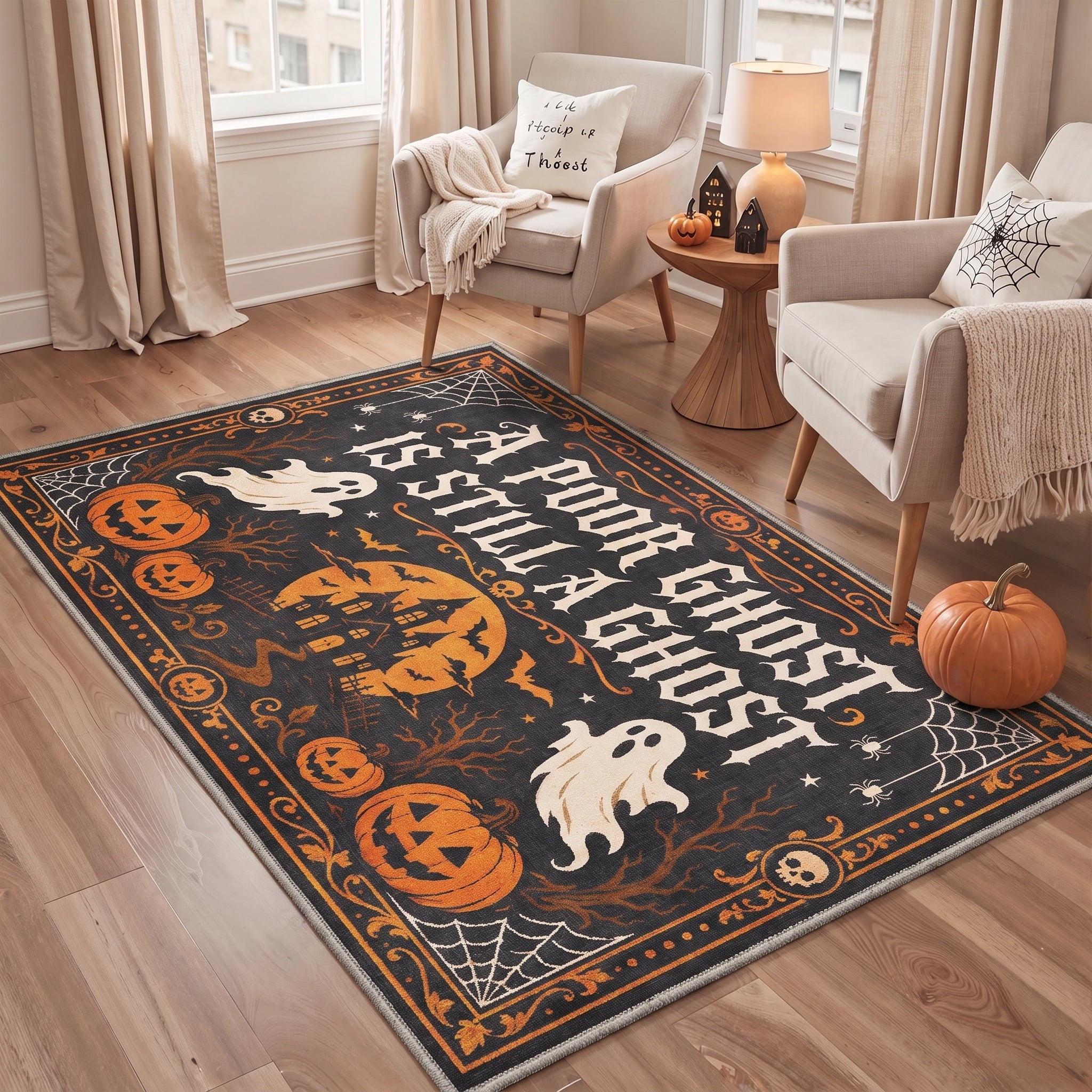 GENIMO 2'x7' Halloween Runner Rug, Washable Non Slip Soft Whimsical Skeleton Indoor Outdoor Hallway Runner for Porch Patio Kitchen Entryway, Charcoal Black