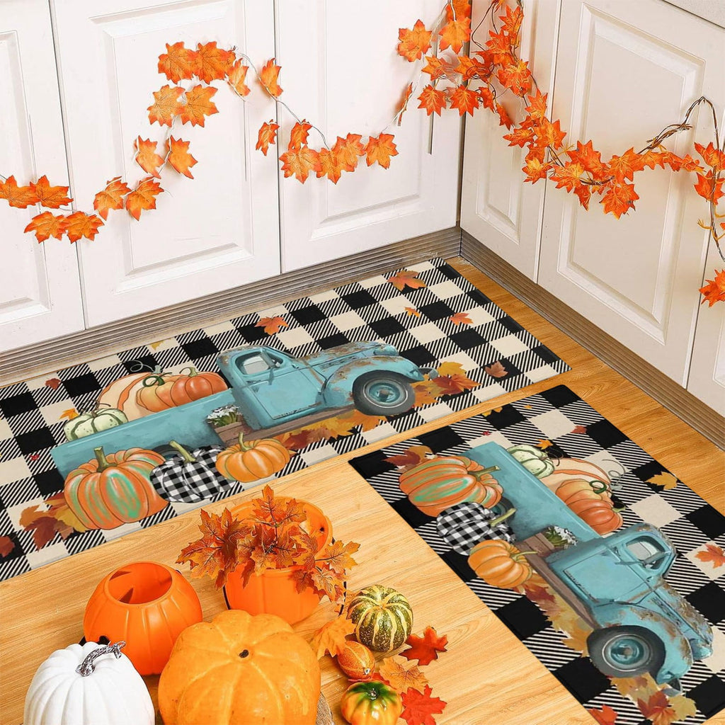 HOARBOEG Kitchen Floor Mat, Halloween Thanksgiving Fall Floor Mats 2-Piece Set - Non-Slip Pumpkin Maple Leaf Decor Rug for Bathroom Kitchen Porch Entrance, Holiday Home Decor