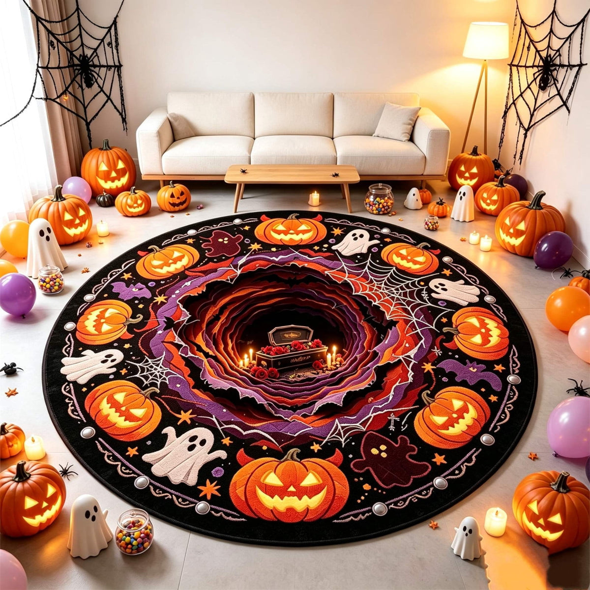 Halloween Round Rug Optical Ghost Pumpkin Mat 15.75in Diameter Polyester Skidproof & Soft for Entryway Bedroom Party by MPOISVA