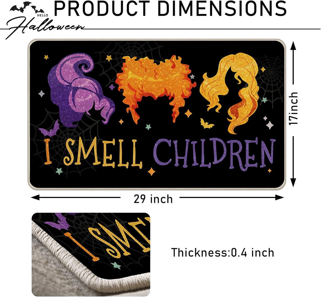 Halloween I Smell Children Decorative Front Door Mat, Sanderson Sisters Witches Hocus Pocus Doormat Indoor Outdoor Floor Entryway Rug, Funny Holiday Home Kitchen Decoration 17x30 Inch