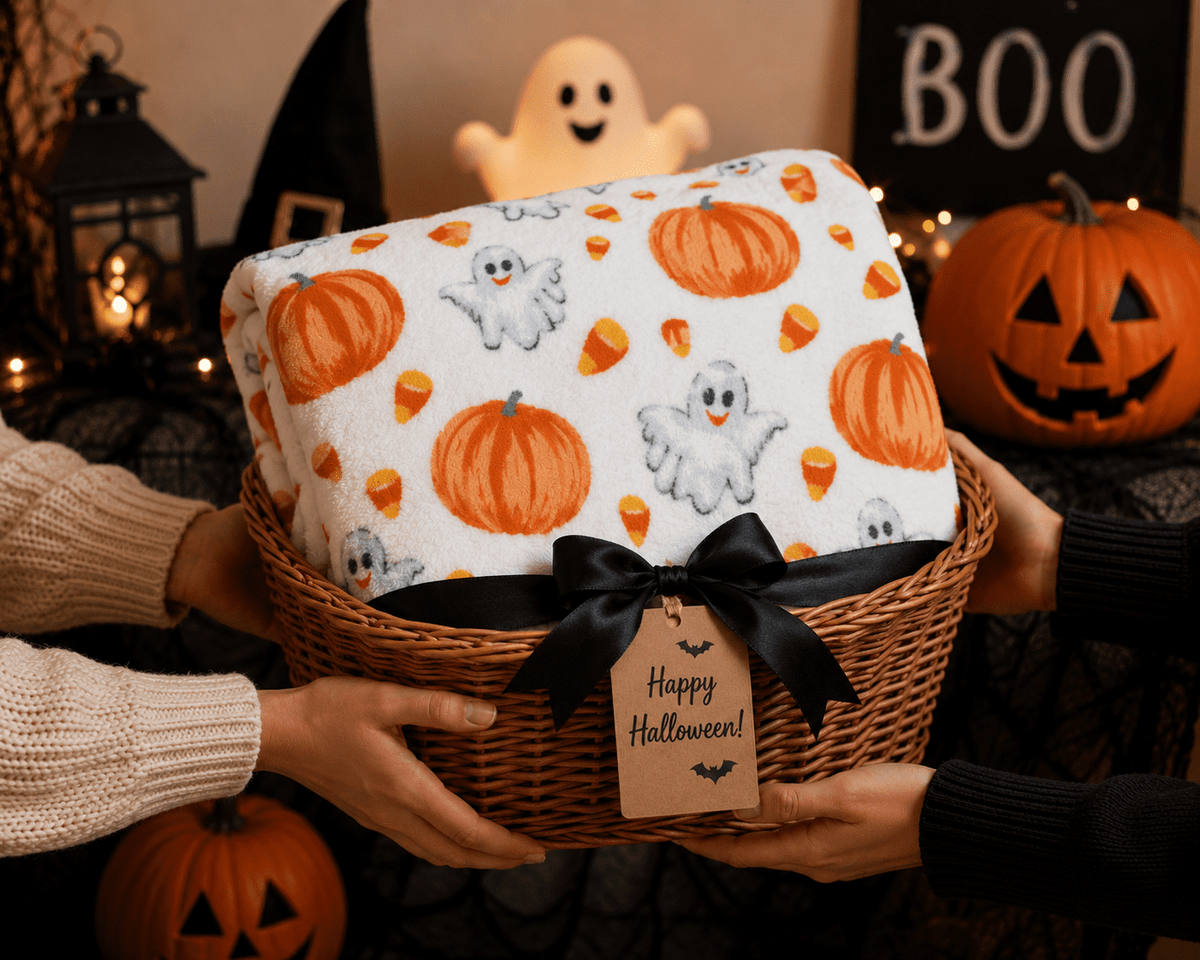 Serafina Home Halloween Throw Blanket: Fuzzy Boo! Jack O'Lantern Spider Webs Skull and Black Cats Print on Velvet Fleece for Sofa Bed Couch Chair Dorm