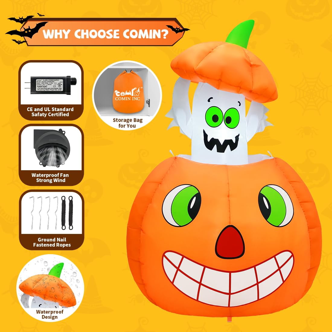 COMIN 5 FT Halloween Inflatables Animated Pumpkin Ghost Outdoor Decorations Blow Up Yard with Built-in LEDs for Indoor Party Garden Lawn Decor