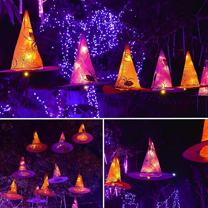 Halloween Decorations 8 Pcs Lighted Hanging Witch Hats, Remote Control with 8 Modes Light Up 14 FT Halloween String Lights, for Indoor Outdoor Yard, Lawn, Graveyard Scenes Party