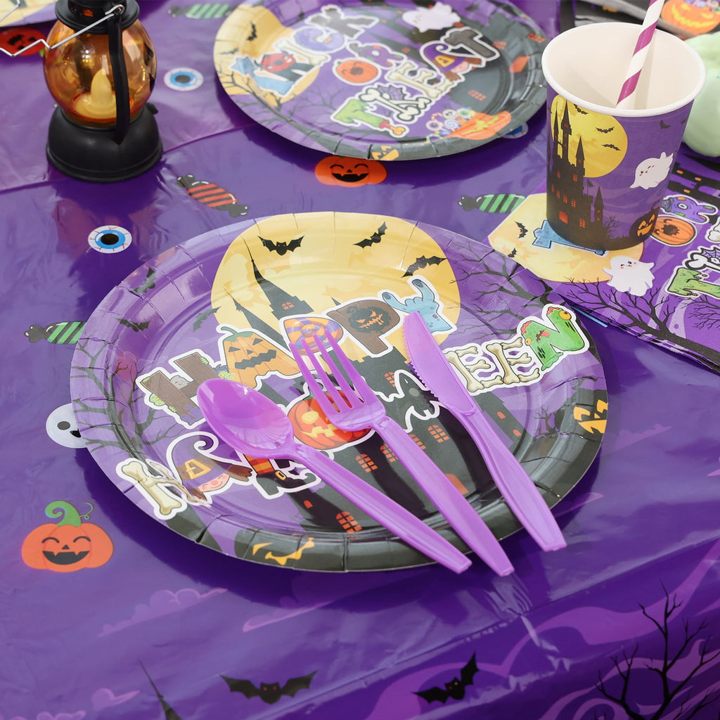 YIBAGA Halloween Party Supplies 194 PCs Serve 24, Ghost Pumpkin Witch Paper Plates Napkins Cups Tablecloth Banner Party Decor