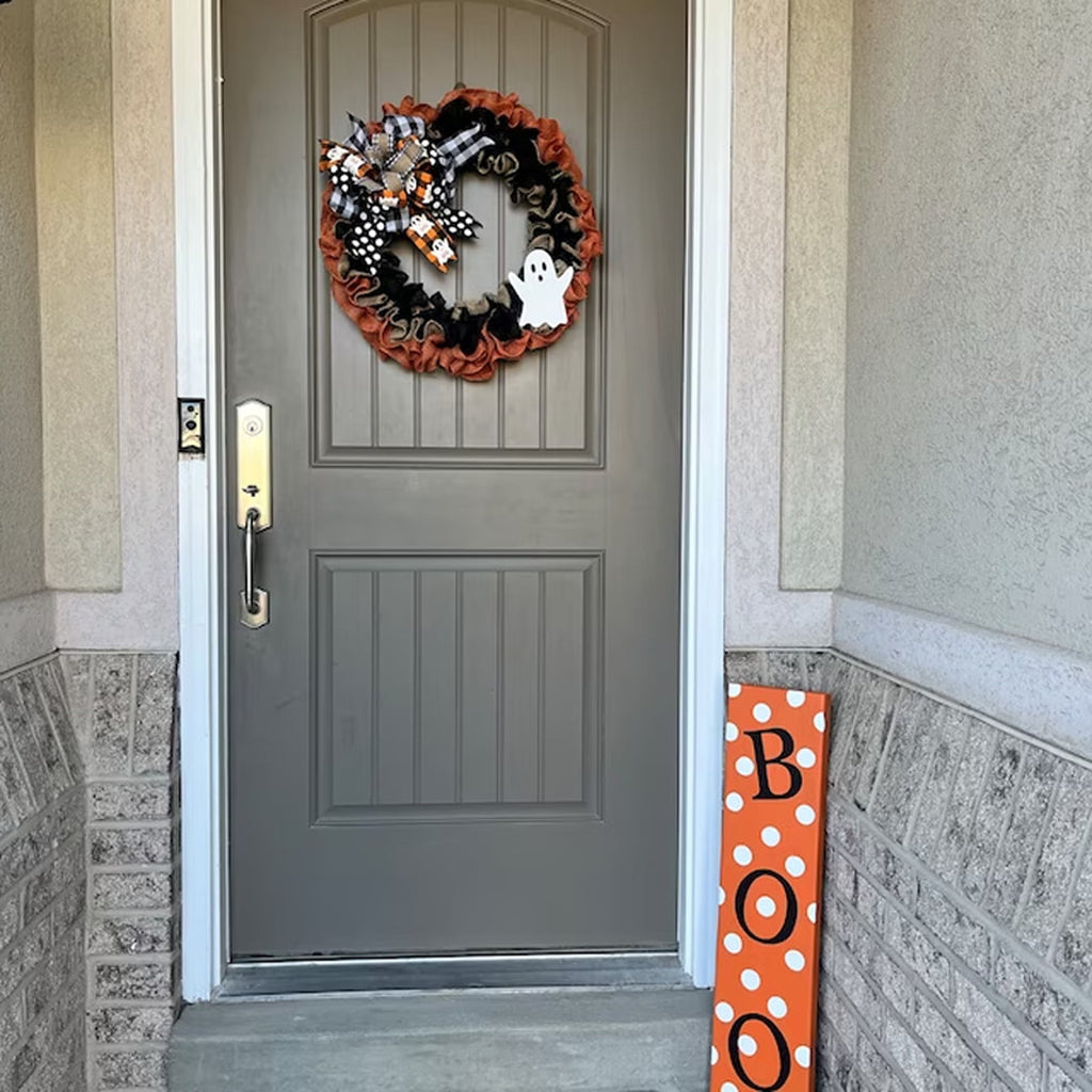 Halloween Halloween Wreath Buffalo Plaid Bow Ribbon Ghost Artificial Wreath, Festival Garland Decoration
