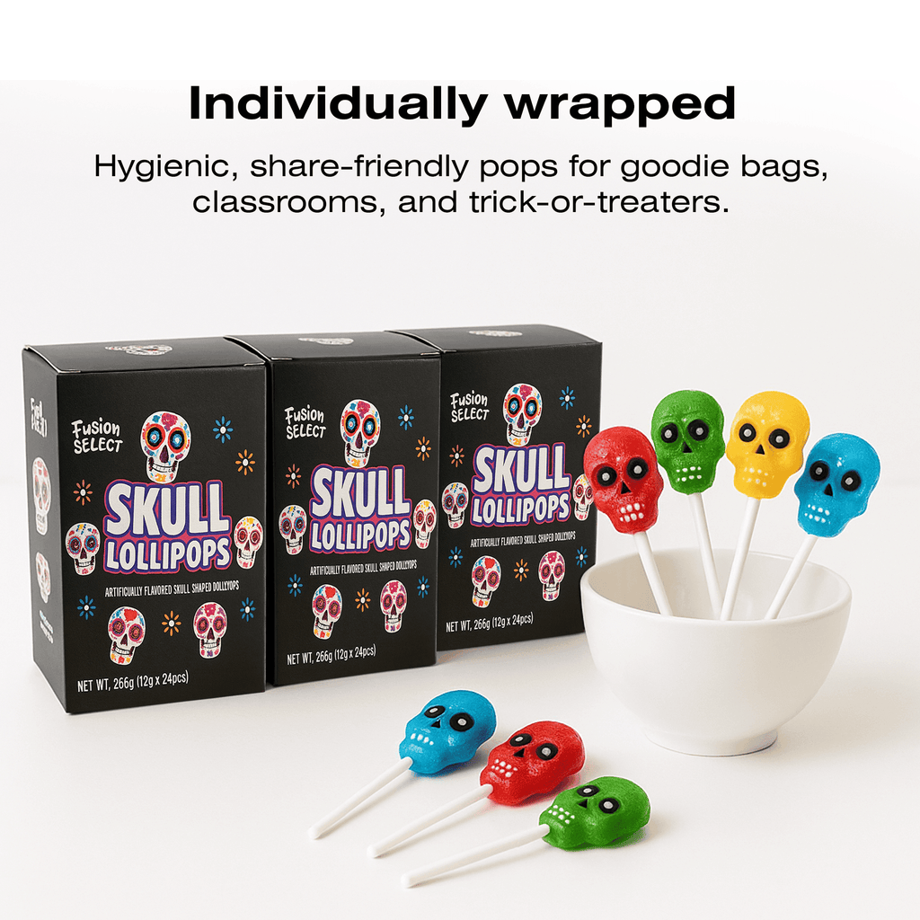 Fusion Select 24 Pcs Sugar Skull Lollipops - Colorful Halloween & Day of the Dead Candy - Individually Wrapped Novelty Treats for Kids - For Trick or Treat, Themed Party Favors & Celebrations