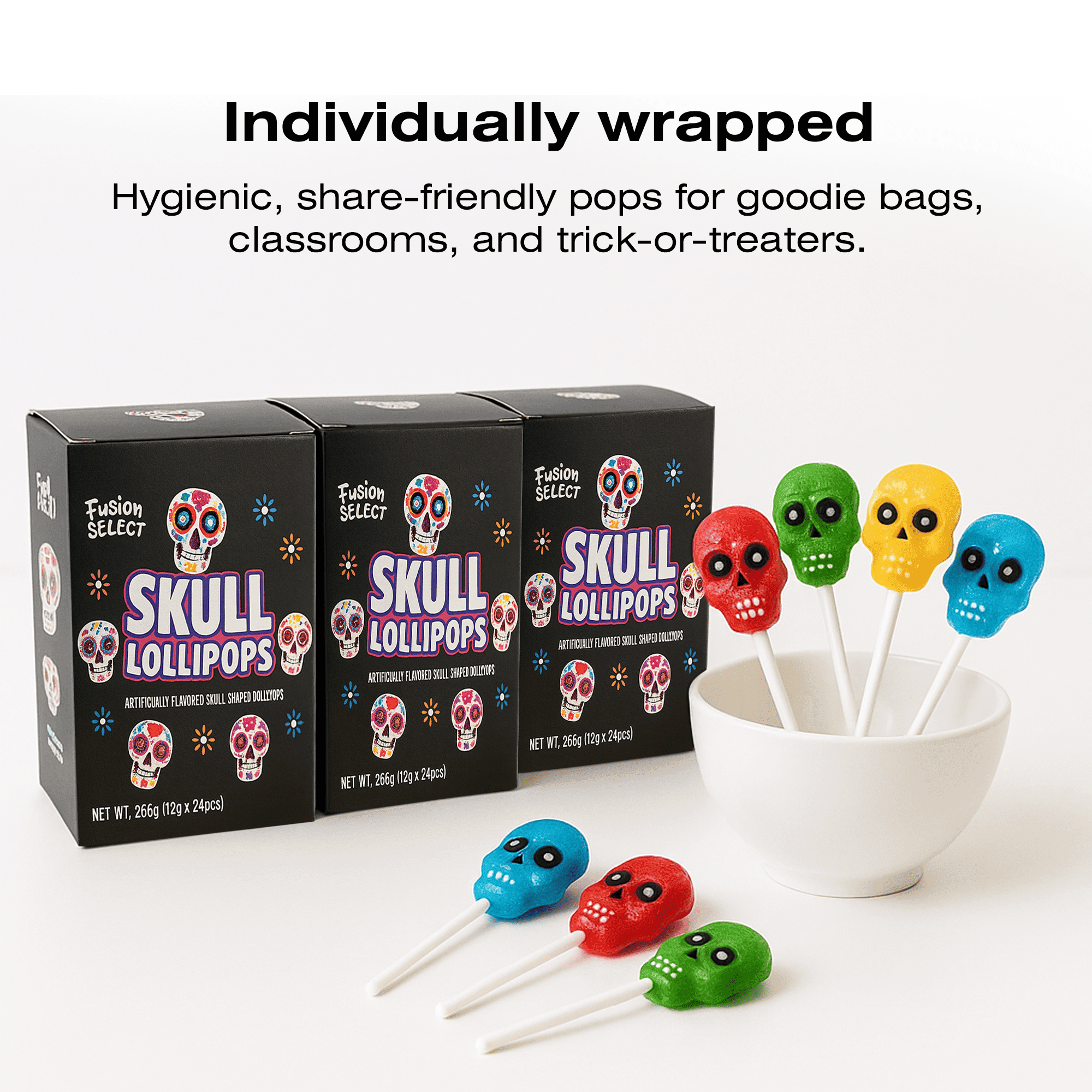 Fusion Select 24 Pcs Sugar Skull Lollipops - Colorful Halloween & Day of the Dead Candy - Individually Wrapped Novelty Treats for Kids - For Trick or Treat, Themed Party Favors & Celebrations