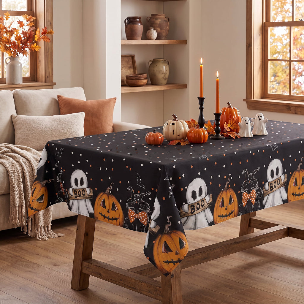Sm:)e Ghost Cat Jack-O-Lantern Pumpkin Black Halloween Tablecloth 60 x 84 Inch, Wrinkle-Resistant & Machine Washable Table Cover for Dining Decor, Rectangle