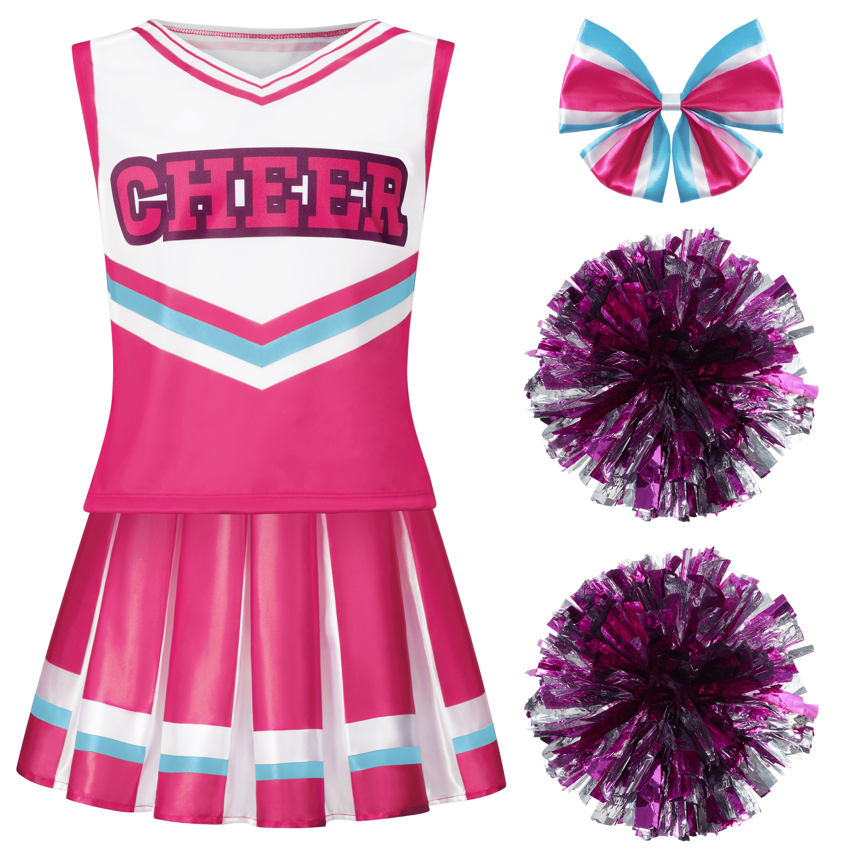 Joyfy Cheerleader Costume for Girls, Halloween Cute Cheer Uniform Outfit with Accessories for Kids Halloween High School Cheerleader Dress Up Costumes
