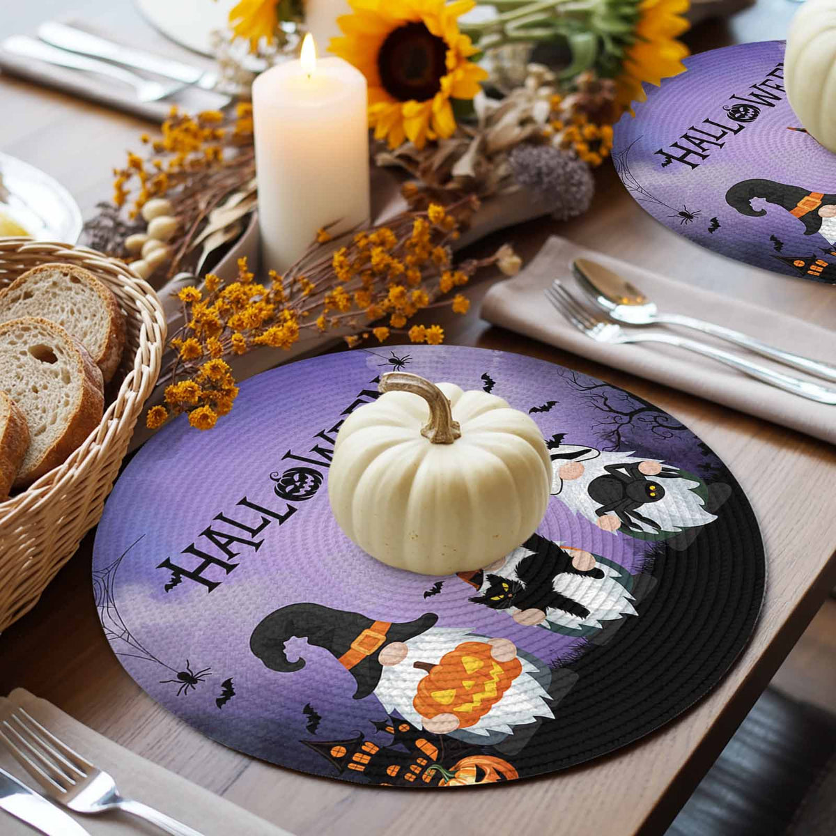 Halloween Round Placemats Set of 4 Gnomes Pumpkin Place Mats Washable Woven Placemat Black Cat Bat Castle Purple Circle Braided Table Mat for Kitchen Dining Table Holiday Party Home Decor 15 Inch