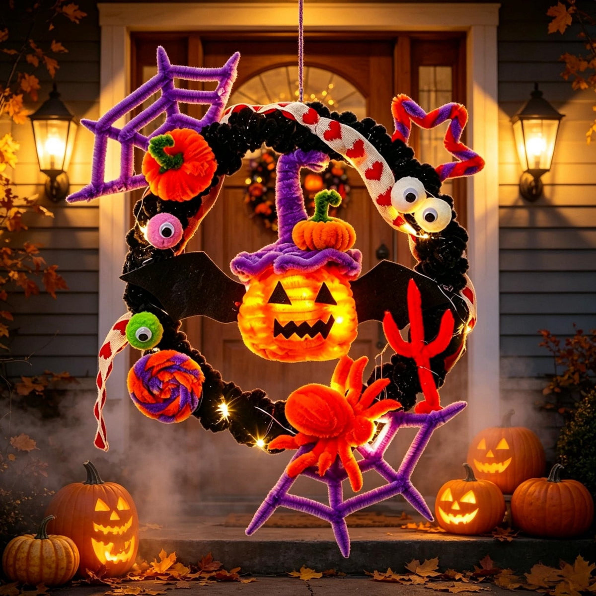 WWC Halloween Wreath, Orange LED Pumpkin and Bats Wreath, Gothic Halloween Decorations Wreath for Front Door, Indoor Outdoor Party Decor