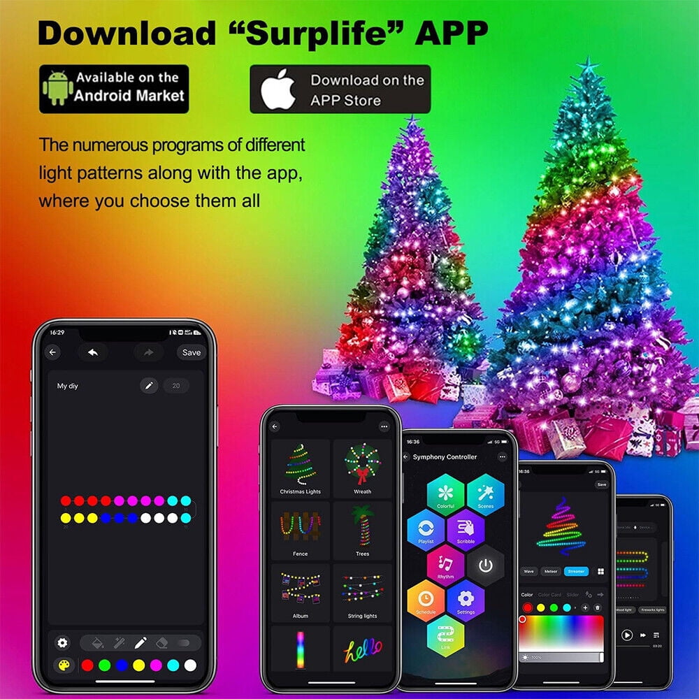 IC ICLOVER Christmas Tree String Lights Decorations with Ring Smart APP, 200 LED Waterfall Lights IP65 Waterproof Multi-Modes with Remote Color Changing Lights for Wedding Yard Party Home Holiday