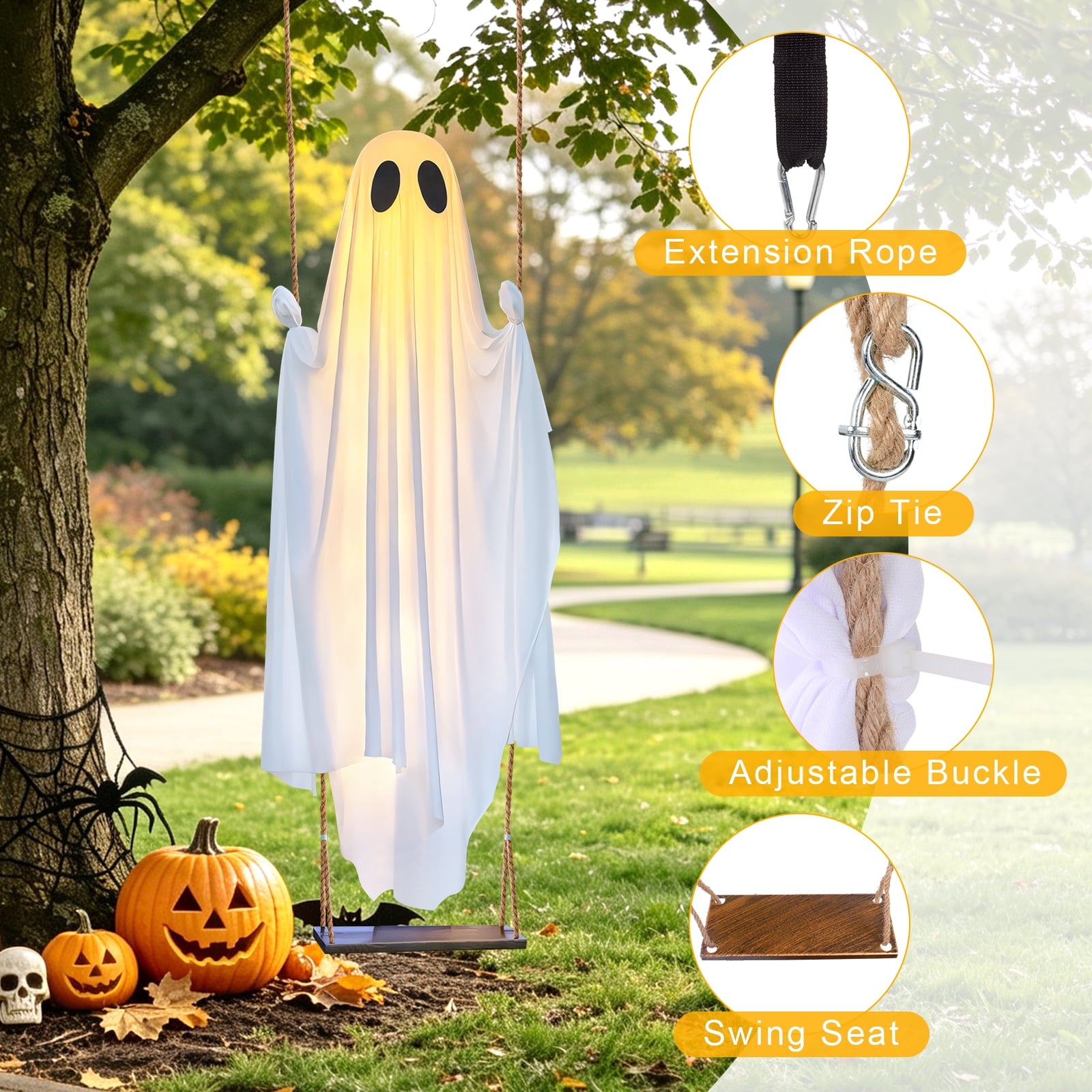 Ninonly Halloween Decorations Outdoor,5 Ft Large Hanging Swing Ghost Halloween Decor with String Lights, Spooky Cute Ghosts Decorations for Front Yard Tree