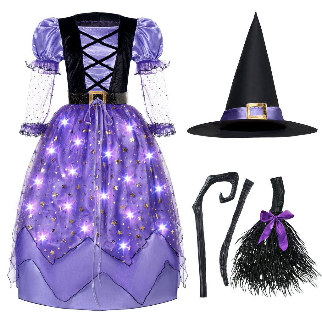 Joyfy Light Up Witch Costume Set for Girls, Starry Witch Dress with Broom Belt Hat for Kids and Toddlers, Perfect for Halloween Party Dress-Up Cosplay (5-12 Years)