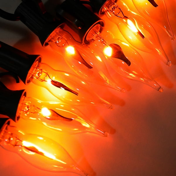 Halloween Lights Flickering Flame String Lights with 12 Pack C7 Orange Flame Light Bulbs (2 Spare), 12.8Ft Orange Flame String Lights for Indoor Outdoor Home Party Yard Halloween Decorations