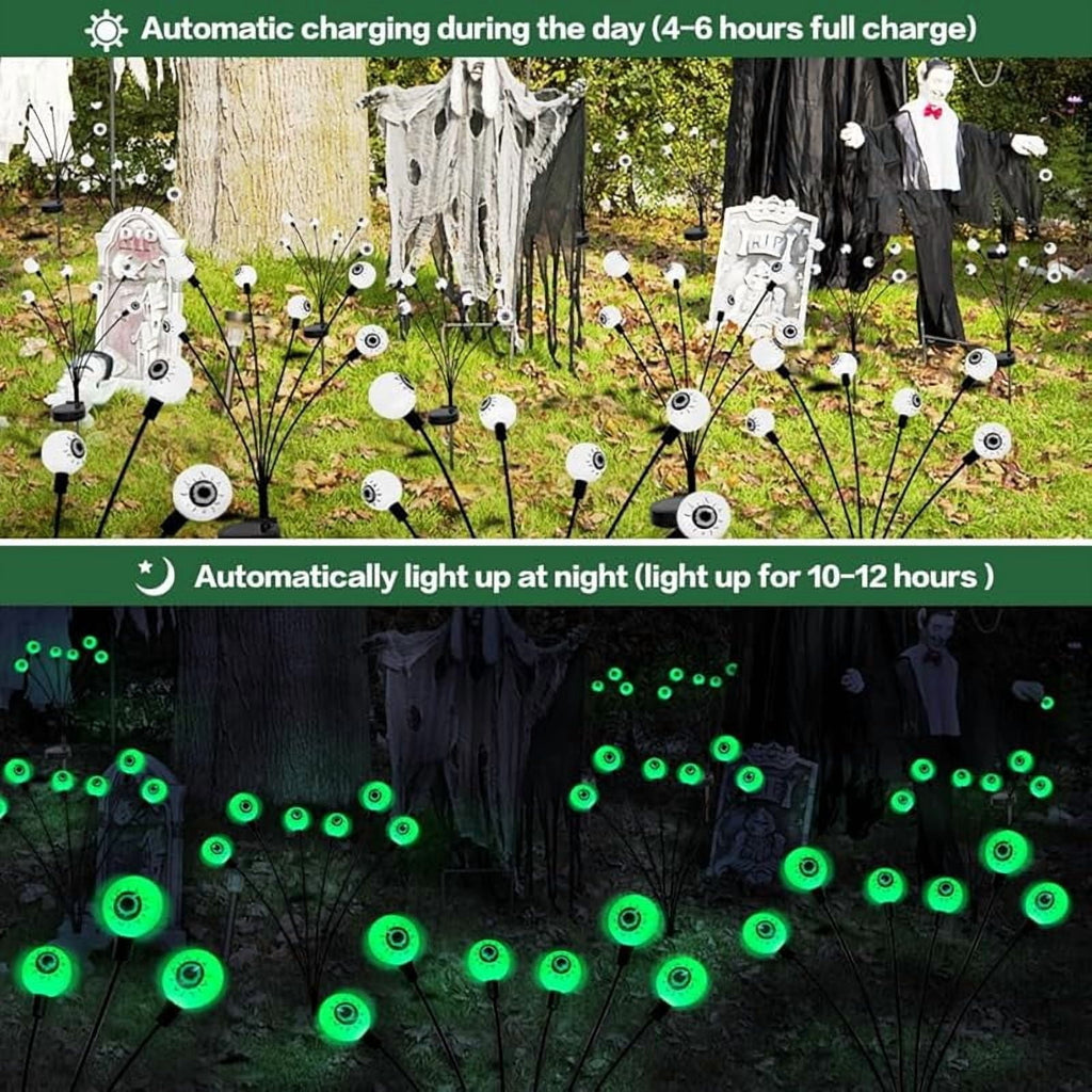Halloween Decoration Outdoor Solar Horror Eyeball Lights, 2 Pack 12 LED Green Eyeball Swinging Firefly Lights, Waterproof Solar Halloween Street Lights Suitable for Courtyard/Garden/Lawn/Party Decora