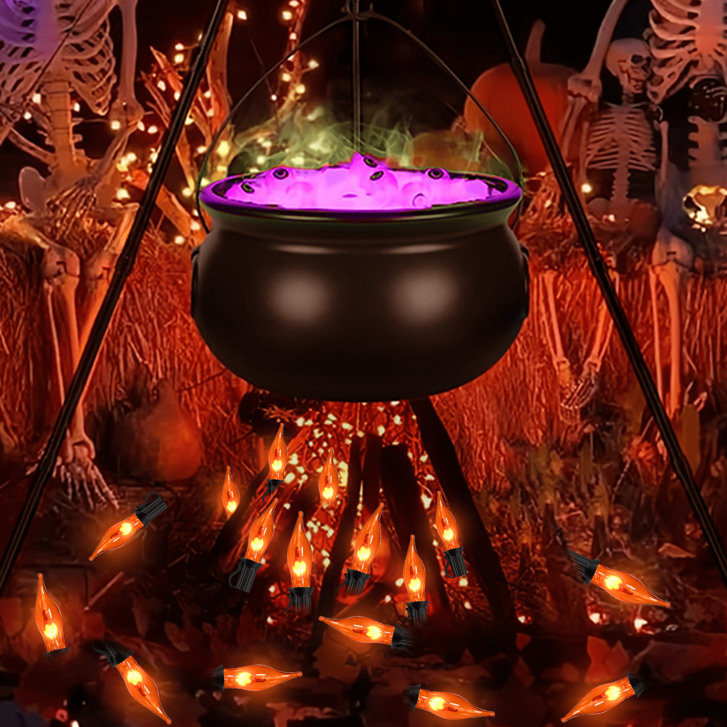Halloween Lights Flickering Flame String Lights with 12 Pack C7 Orange Flame Light Bulbs (2 Spare), 12.8Ft Orange Flame String Lights for Indoor Outdoor Home Party Yard Halloween Decorations