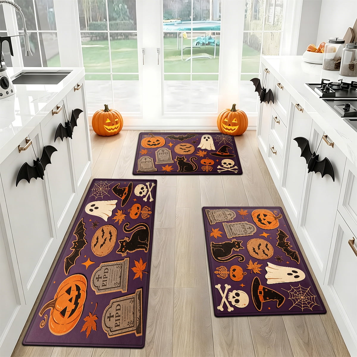 YIMEIS Halloween Neon Pumpkin Lanterns 3Pcs Flannel Mat & Kitchen Rugs Set,Soft Non-slip,16''×24'' 20''×30'' 17''×47'' Inches,for Entryway Bathroom