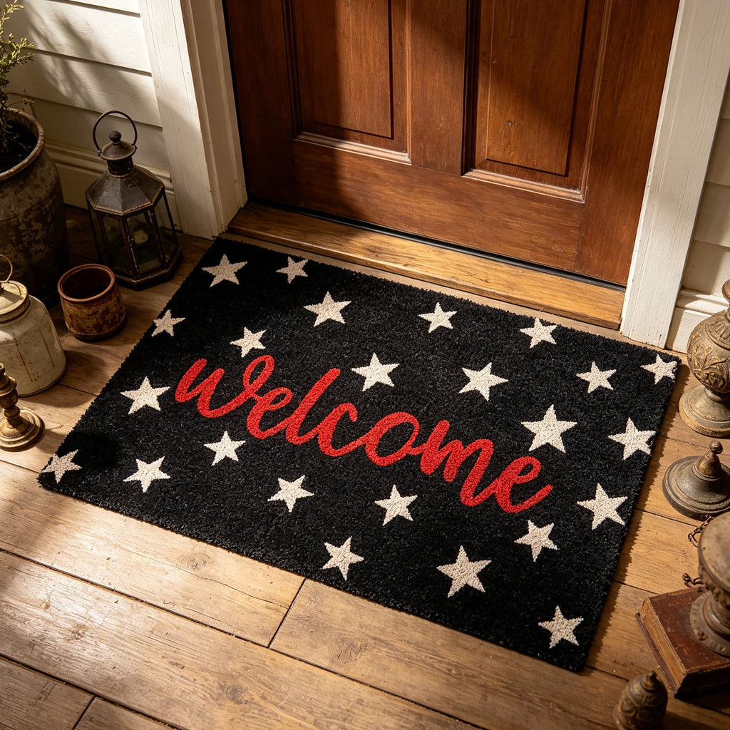 Patriotic Door Mat 4th of July Bow Flag Floor Doormats Independence Day Star Welcome Non Slip Mats for Front Porch Decor 16*24in Black