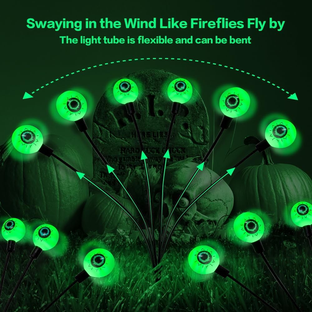 Halloween Decoration Outdoor Solar Horror Eyeball Lights, 2 Pack 12 LED Green Eyeball Swinging Firefly Lights, Waterproof Solar Halloween Street Lights Suitable for Courtyard/Garden/Lawn/Party Decora