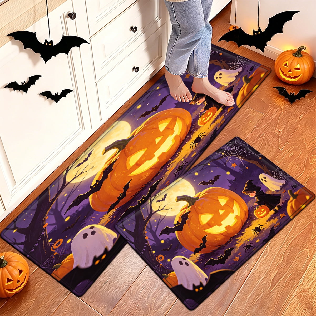 YIMEIS Halloween Pumpkin Lantern 3Pcs Flannel Mat & Kitchen Rugs Set,16''×24'' 20''×30'' 17''×47'' Inches,Soft Non-slip for Home Bathroom