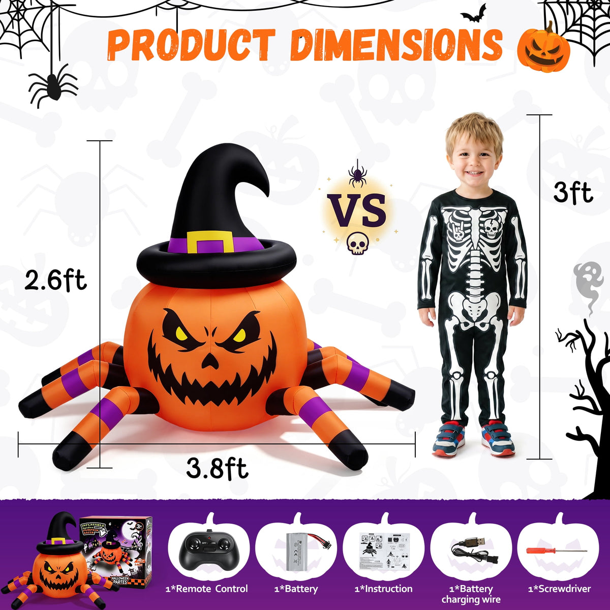 Firstness 2.6ft Halloween Inflatable with Music and Lights,Remote Control Pumpkin Ghost Car,Blow ups Rc Car,Indoor Outdoor,Orange Green