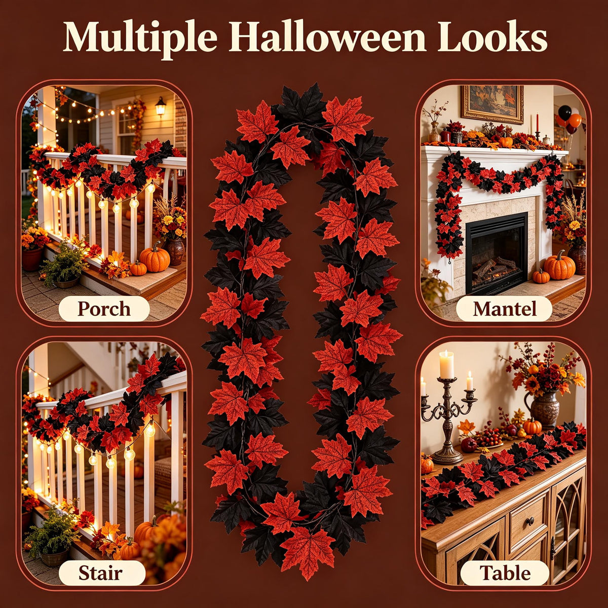 WKSCLPAI Halloween Maple Leaf Garland, Fall Vine Wreaths for Autumn Festivities Decor,Seasonal Garlands for Home,Halloween & Fall Decorations