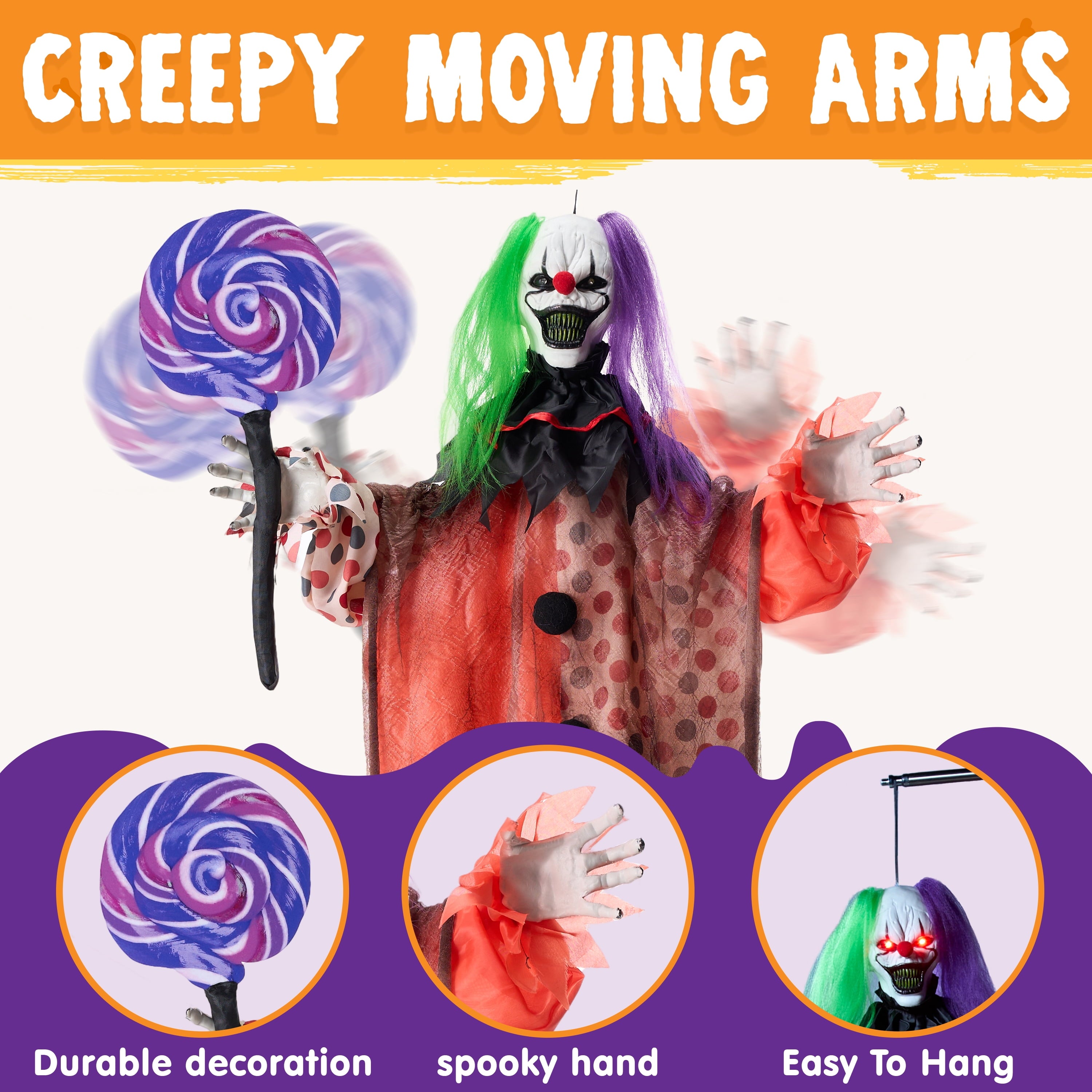 Joyfy 65" Halloween Hanging Scary Clown Decorations with Chain, with LED Lights Talking Animatronics Decor Outdoor Indoor for Haunted House Lawn Yard Patio