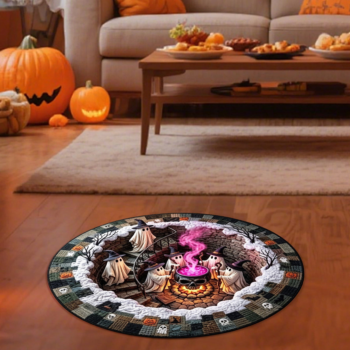 Halloween Round Rug 50cm Optical Illusion, Spooky Ghost Pumpkin Skull Mat, Non-Slip Entryway Bedroom Doormat for Home Party Floor Decor