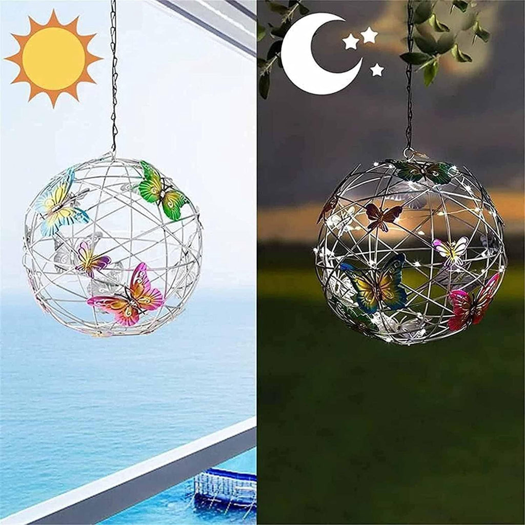 Hanging Solar Light Round Ball with Colorful Butterfly with Weaving String Special Gift for Garden Patio Gazebo Decor Camping