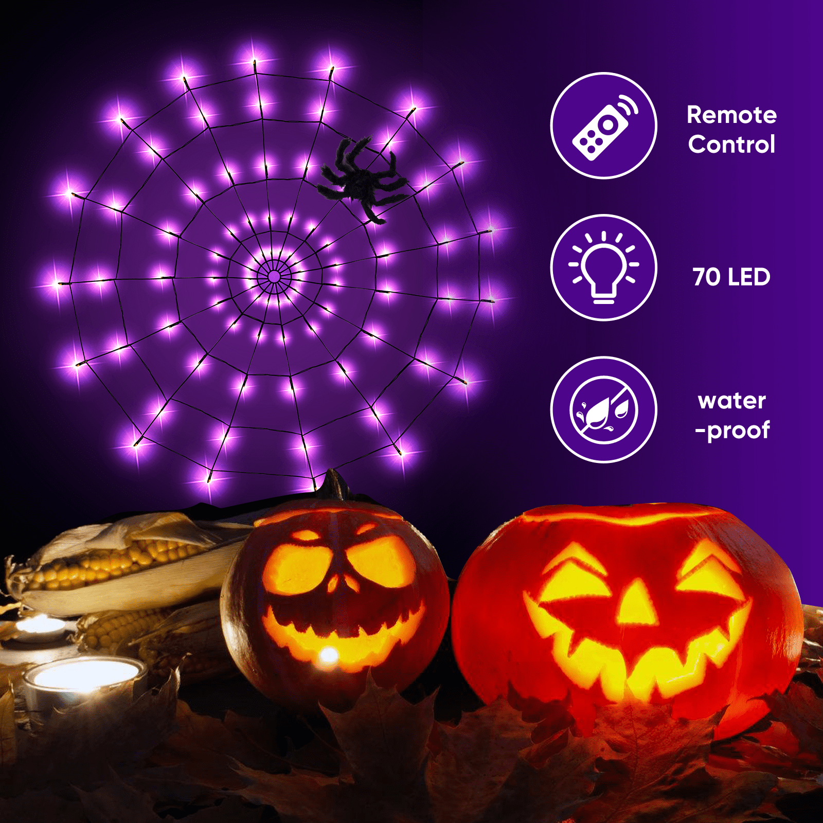 16.4Ft Large Spider Webs Halloween Decorations Lights, Outdoor Battery Operated Purple Halloween String Lights with 8 Modes Remote Control 125 LEDs Spiderweb,60" Large Spider,Waterproof (Purple)