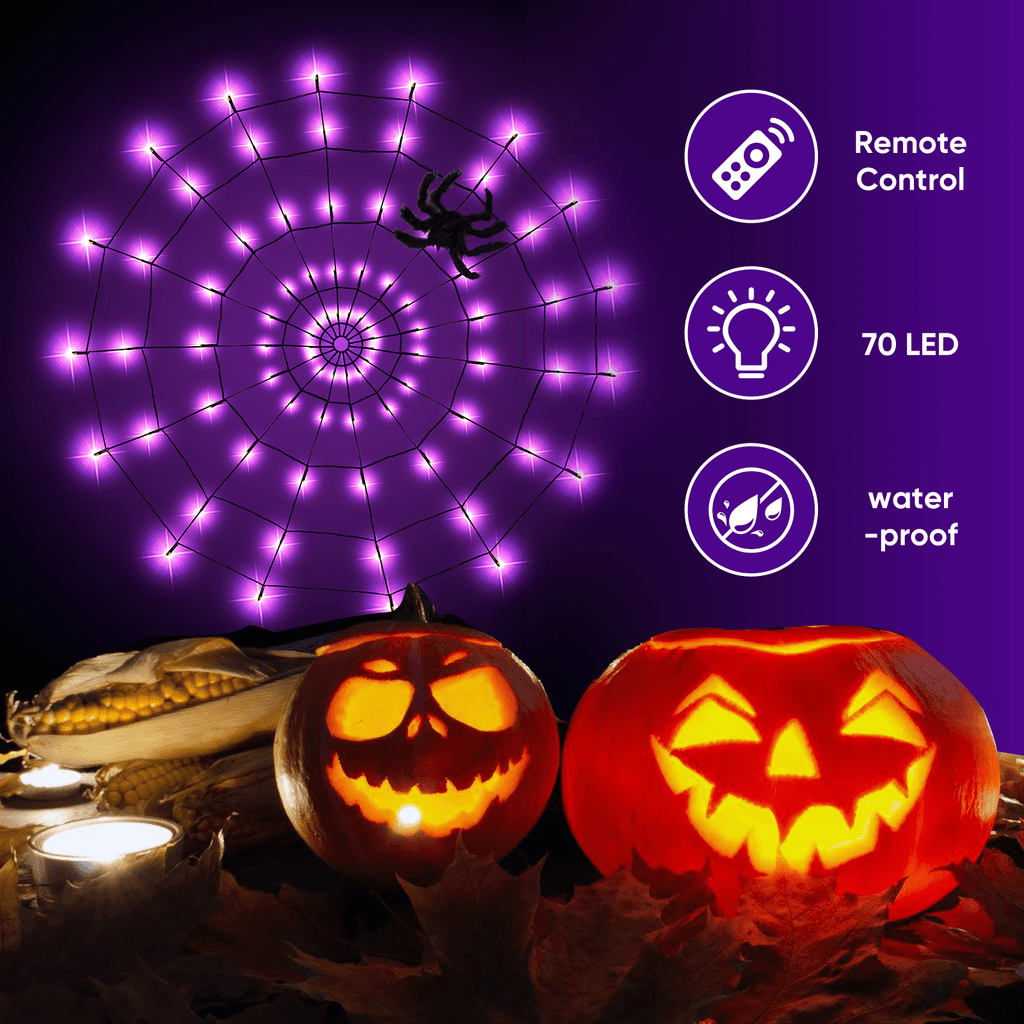Halloween Decorations Spider Web Lights,4FT Diameter 70 LED with Black Spider, Waterproof Net Lights, Remote Control, 8 Modes Cobweb Halloween Decorations for House Garden Indoor Outdoor (Purple)