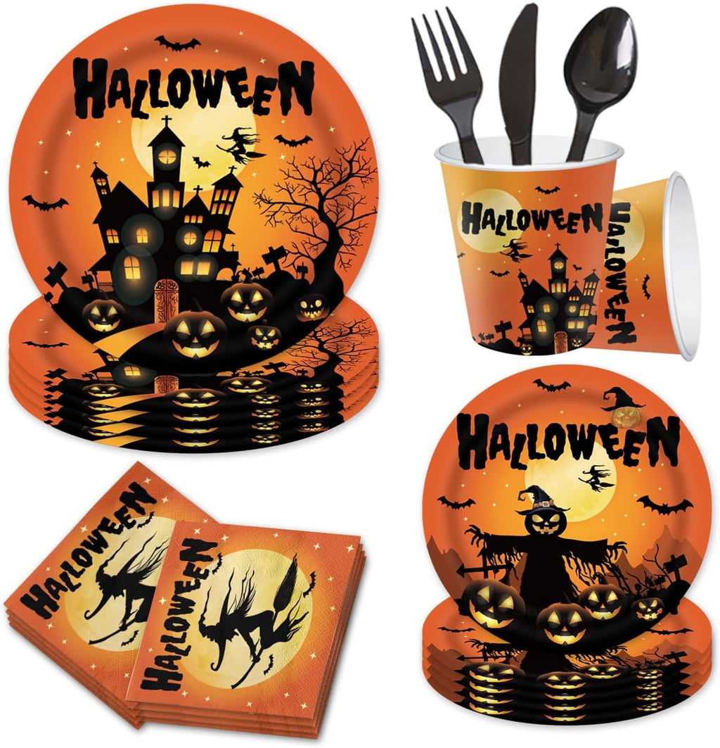 Halloween Party Supplies Decoration Tableware Set,114 Pcs Includes Plates, Napkin,Cup,Straw, Banners, Tablecloth.Halloween Disposable Dinnerware for Halloween Party Decorations,Serve 16